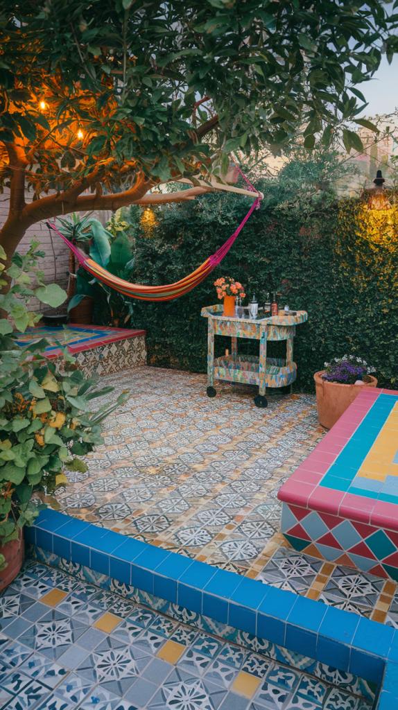 47 Vibrant Outdoor Patio Decorating Ideas to Enliven Your Backyard 13. Multi-Colored Outdoor Tiles
Transform your patio flooring by incorporating multi-colored tiles or patterned mosaics. Moroccan-inspired designs or brightly colored geometric patterns can give your patio a unique, vibrant look. Whether you choose to tile the entire area or create a small accent zone, it will definitely add a pop of energy.
14. Hammock with Vibrant Fabric
For a relaxing yet colorful seating option, install a brightly colored hammock. Opt for bold stripes or tropical patterns to make the hammock a striking visual element. It’s a perfect addition to any patio, adding both comfort and style, making it the ultimate spot to unwind.
15. Colorful Outdoor Bar Cart
If you love entertaining, consider adding a colorful outdoor bar cart to your patio. Look for one in a bright color like red or turquoise and stock it with vibrant drinkware and bar accessories. It’s a functional and decorative piece that can be moved around the patio, perfect for parties.