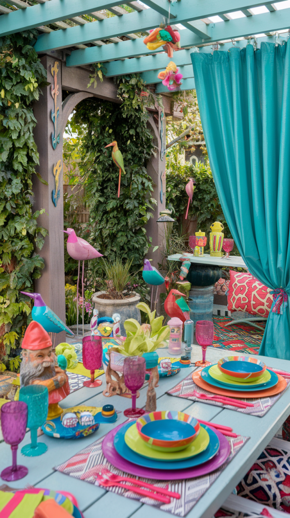 47 Vibrant Outdoor Patio Decorating Ideas to Enliven Your Backyard Bright Outdoor Curtains If your patio is covered or has a pergola, consider adding outdoor curtains in vibrant colors. These can add softness to the space while providing shade and privacy. Go for bold hues like teal, coral, or mustard, and tie them back with decorative hooks when not in use for a chic, resort-like feel. 10. Whimsical Garden Statues Add a touch of personality to your patio by incorporating whimsical garden statues or sculptures. Whether it’s colorful metal birds, quirky gnomes, or abstract art pieces, these decorations will add charm and character to your outdoor space, making it feel unique and lively. 11. Outdoor Dining with Colorful Tableware For an eye-catching patio dining experience, use vibrant outdoor tableware. Mix and match bright plates, glasses, and serving pieces in bold hues like fuchsia, aqua, and lime. Pair them with patterned table linens and colorful napkins to create a lively, festive table setting.