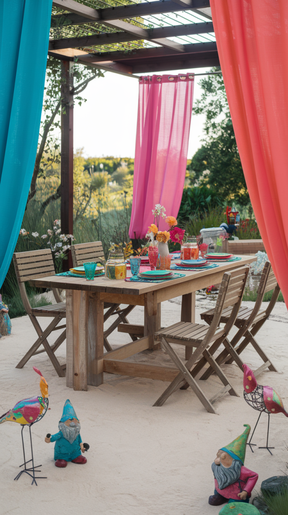 47 Vibrant Outdoor Patio Decorating Ideas to Enliven Your Backyard Bright Outdoor Curtains
If your patio is covered or has a pergola, consider adding outdoor curtains in vibrant colors. These can add softness to the space while providing shade and privacy.
Go for bold hues like teal, coral, or mustard, and tie them back with decorative hooks when not in use for a chic, resort-like feel.
10. Whimsical Garden Statues
Add a touch of personality to your patio by incorporating whimsical garden statues or sculptures.
Whether it’s colorful metal birds, quirky gnomes, or abstract art pieces, these decorations will add charm and character to your outdoor space, making it feel unique and lively.
11. Outdoor Dining with Colorful Tableware
For an eye-catching patio dining experience, use vibrant outdoor tableware. Mix and match bright plates, glasses, and serving pieces in bold hues like fuchsia, aqua, and lime.
Pair them with patterned table linens and colorful napkins to create a lively, festive table setting.