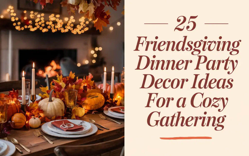 A collage of 4 beautiful Friendsgiving dinner party decor ideas, featuring warm autumnal tones, rustic table settings, and cozy lighting with candles, fairy lights, and fall foliage.