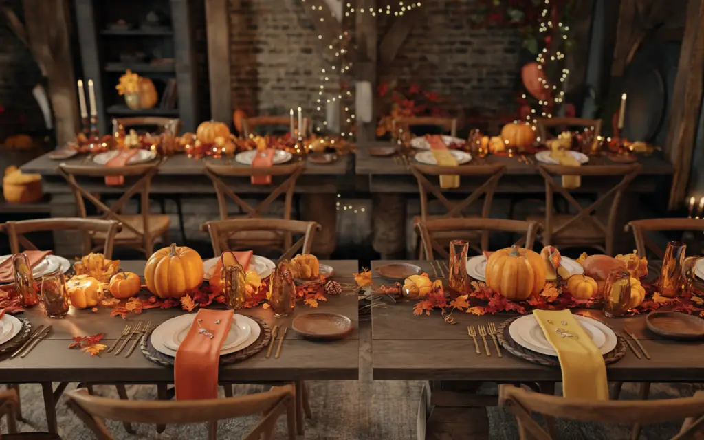 A collage of 4 beautiful Friendsgiving dinner party decor ideas, featuring warm autumnal tones, rustic table settings, and cozy lighting with candles, fairy lights, and fall foliage.