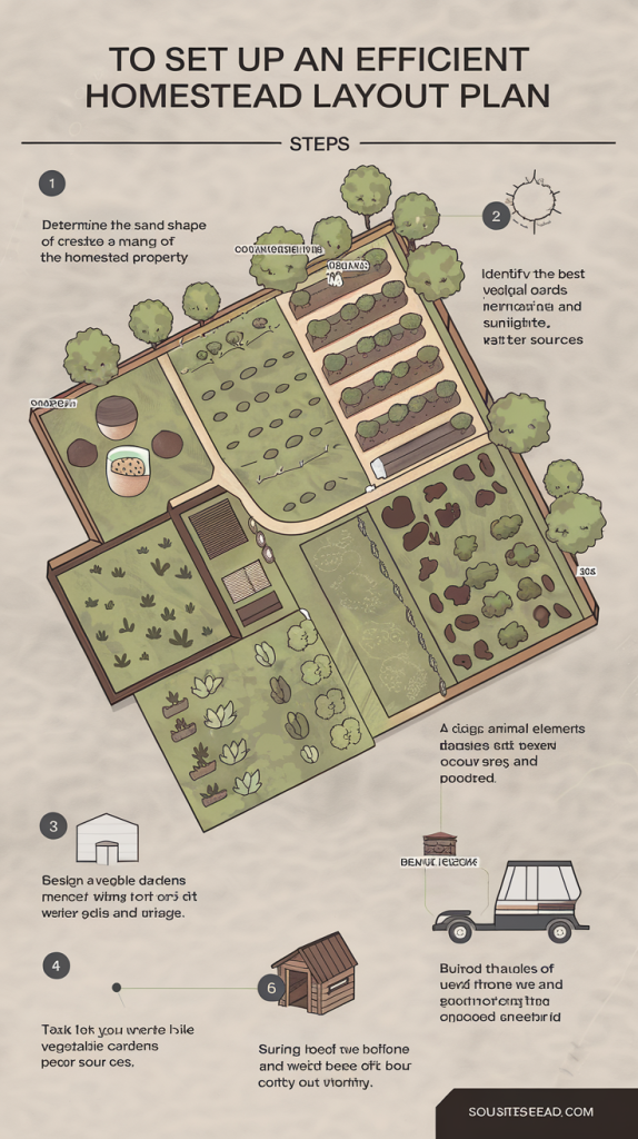 How to Set Up a Homestead Layout Plan Setting up a homestead layout plan is essential for creating a self-sufficient, productive, and sustainable living space. Whether you're starting on a small plot or expanding into a larger rural area, organizing your homestead carefully can significantly impact its long-term success. A well-thought-out plan ensures efficient use of resources, smooth workflows, and proper placement of key features. Here’s a step-by-step guide on how to setup the perfect homestead layout plan.
1. Assess Your Land and Resources
Before drawing up any plans, the first step is to carefully assess the land you're working with. Take into consideration the topography, soil quality, access to water, and existing vegetation. Understanding the strengths and limitations of your land will help you place features like gardens, animal enclosures, and water systems in the most optimal locations.
Key Considerations:
Sunlight: Identify which areas receive full sunlight, partial shade, or full shade throughout the day. Gardens and solar energy systems should be placed in the sunniest spots.
Water Sources: Note any natural water sources like ponds, streams, or wells. If there are no natural sources, think about rainwater harvesting.
Wind Patterns: Take note of prevailing wind directions to plan windbreaks or shelter for livestock.
Slope and Drainage: Steeper areas can be prone to erosion or flooding, so these should be avoided for building placement. Consider areas where water drains naturally for garden beds.
Step Action: Walk your land with a notebook and mark these features on a rough map. This will serve as the foundation for your homestead layout.
2. Plan Zones for Different Functions
Once you’ve assessed your land, divide it into functional zones based on your homesteading needs. Zoning is an efficient way to organize space for different activities like gardening, livestock rearing, and recreation. This approach minimizes travel time, maximizes efficiency, and ensures that essential functions are in the most convenient areas.
Key Zones:
Zone 0: Your home and immediate living area. This is where you'll spend most of your time, so it should be central and accessible.
Zone 1: Closest to your home, this zone is for daily activities like vegetable gardens, herb gardens, chicken coops, and tool storage.
Zone 2: Reserved for less frequent activities, like orchards, larger crops, or composting areas.
Zone 3: For larger livestock, pasture land, and larger-scale food production.
Zone 4: Wild areas or managed forests for wood and wildlife.
Zone 5: Untouched wilderness, if available, for observing nature and preserving biodiversity.
Step Action: Map out these zones around your home. Keep heavily-used zones close to the house for efficiency, and more extensive activities farther out.
3. Design Your Water Management System
Water is crucial to any homestead, and designing an efficient water management system should be a top priority. If you have access to a natural water source, such as a well, stream, or pond, integrate it into your homestead plan. If not, plan for rainwater harvesting systems, irrigation setups, and greywater recycling.
Key Considerations:
Water Storage: Install rain barrels or cisterns near buildings to collect runoff from roofs.
Irrigation: Plan drip irrigation systems for gardens, which conserve water and direct it to where it’s most needed.
Greywater Systems: Recycle water from sinks, showers, and washing machines for use in gardens.
Swales: Use swales (shallow trenches) along slopes to slow water runoff and help it infiltrate the soil for plant use.
Step Action: Include rainwater catchment systems, swales, and irrigation designs on your map. Place these systems strategically based on water needs and natural flow.
4. Position Buildings and Structures
Deciding where to place key buildings and structures is one of the most important aspects of your homestead layout plan. Each building’s location should serve both convenience and function. Consider the sun, wind, and distance from other essential homestead elements.
Key Buildings:
House: Your home should be centrally located to maximize efficiency when accessing other zones.
Greenhouses: Place greenhouses in the sunniest area to extend your growing season.
Barns and Sheds: Position barns and sheds in proximity to pastures or fields where animals graze, and close to your tools for easy access.
Animal Shelters: Protect livestock by placing their shelters in areas sheltered from prevailing winds and near water sources.
Workshops and Garages: Keep these in accessible locations for working on machinery, tools, and storage.
Step Action: On your map, mark where each building will go, keeping in mind ease of access, weather patterns, and proximity to key zones like gardens or livestock areas.
5. Designate Areas for Food Production
Food production is often the heart of any homestead. Whether you plan on growing a small garden or larger-scale crops, having a clear and organized space for food production is key. Consider raised beds, permaculture gardens, or even traditional row planting.
Key Considerations:
Vegetable Garden: Close to the house for easy access. Raised beds or no-dig gardens are perfect for small spaces.
Orchards: Position orchards or fruit trees in Zone 2, where they don’t need daily attention but are still easy to access for seasonal harvesting.
Livestock: Place areas for chickens, goats, or other livestock near barns and water sources, ideally in mobile pens or rotational grazing setups.
Greenhouse or Polytunnel: Use for year-round growing. Position this near the garden or food storage areas for convenience.
Step Action: Map out garden beds, orchards, and livestock areas. Prioritize proximity to water and sunlight to maximize efficiency.
6. Plan for Energy Efficiency and Sustainability
Energy use is a critical factor in homesteading, and planning for sustainability from the start will save money and reduce environmental impact. Consider renewable energy sources like solar, wind, or geothermal, depending on your location.
Key Energy Considerations:
Solar Panels: Install solar panels on south-facing roofs or in open areas for maximum sun exposure.
Wind Turbines: If your homestead is in a windy area, small wind turbines can generate supplemental energy.
Passive Solar Design: Orient your home to take advantage of natural light and heating. Large windows facing south can help heat your home in winter.
Insulation and Ventilation: Use natural materials for insulation, and design proper ventilation for your homestead buildings to reduce the need for energy-consuming heating and cooling systems.
Step Action: Designate locations for solar panels, wind turbines, or other energy systems on your map. Factor in the natural sun and wind patterns when positioning them.
7. Include Storage and Waste Management
Managing storage and waste is often overlooked in homestead planning, but it's critical for long-term success. Efficient storage areas for tools, food, and supplies keep your homestead organized, while waste management systems maintain cleanliness and sustainability.
Key Considerations:
Tool Storage: Designate a shed or workshop near gardens and fields for easy access to tools and equipment.
Root Cellar: Plan a root cellar for storing crops like potatoes, carrots, and other long-term storage vegetables.
Composting: Set up a composting system near the garden to recycle kitchen and garden waste.
Animal Waste: Plan for waste management with manure piles or compost systems near livestock areas to turn animal waste into valuable fertilizer.
Step Action: Mark composting areas, storage buildings, and waste management systems on your layout. Position them to minimize odors or pest problems while keeping them accessible.