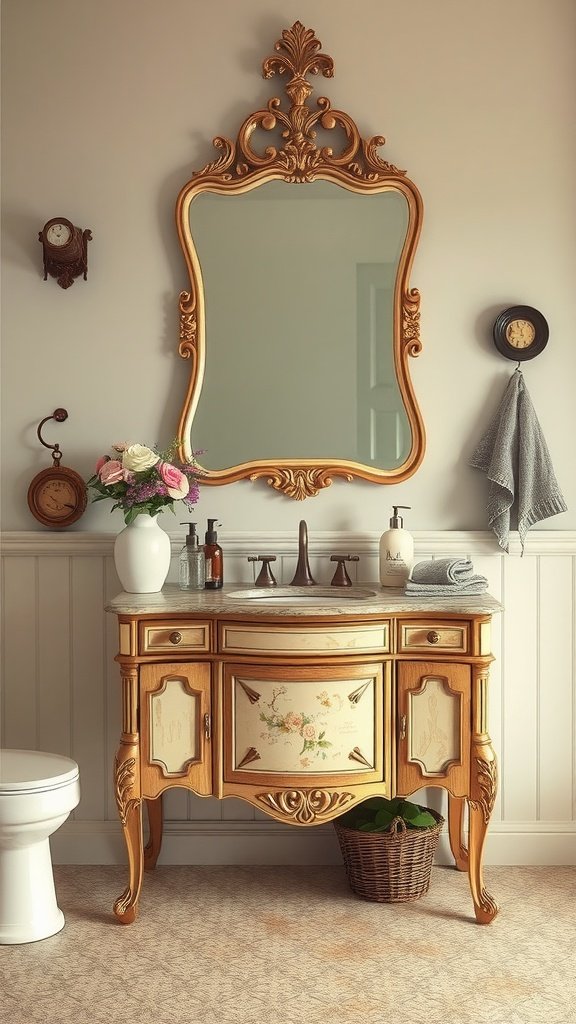 17 Vintage Bathrooms With Timeless Charm Antique vanity with decorative floral designs and a large ornate mirror in a vintage bathroom setting.