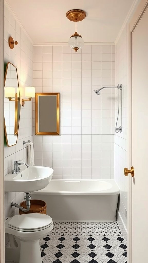 17 Vintage Bathrooms With Timeless Charm A vintage bathroom featuring Art Deco inspired fixtures, such as a sleek sink and stylish lighting.