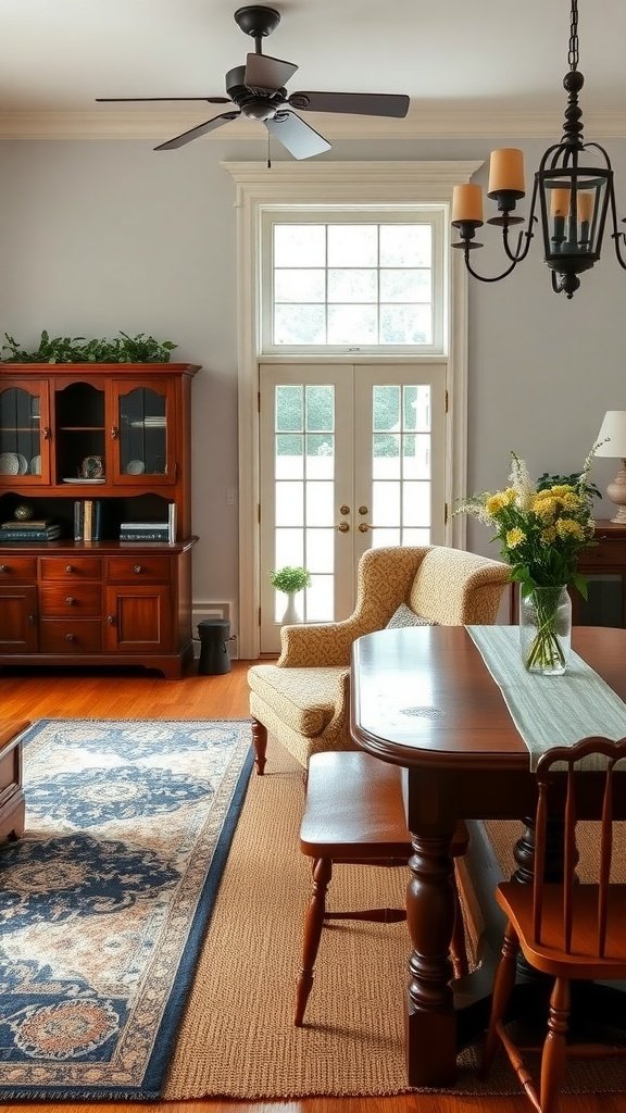 15 American Colonial Interior Ideas For A Timeless Look A cozy colonial-style dining area featuring wooden furniture and a warm rug.