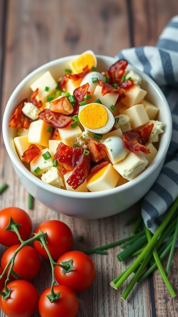 17 High Protein Egg Salad Recipes For A Nutritious Lunch Bacon and chive egg salad in a white bowl with cherry tomatoes and green onions.