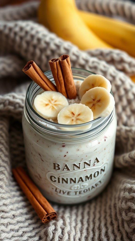 17 Overnight Oats Protein Recipes For A Healthy Breakfast A jar of banana cinnamon overnight oats topped with banana slices and cinnamon sticks.
