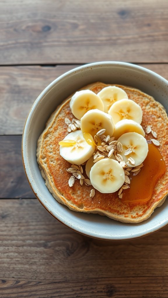 19 Protein Pancake Bowl Recipes A delicious banana oatmeal protein pancake bowl topped with banana slices and honey.