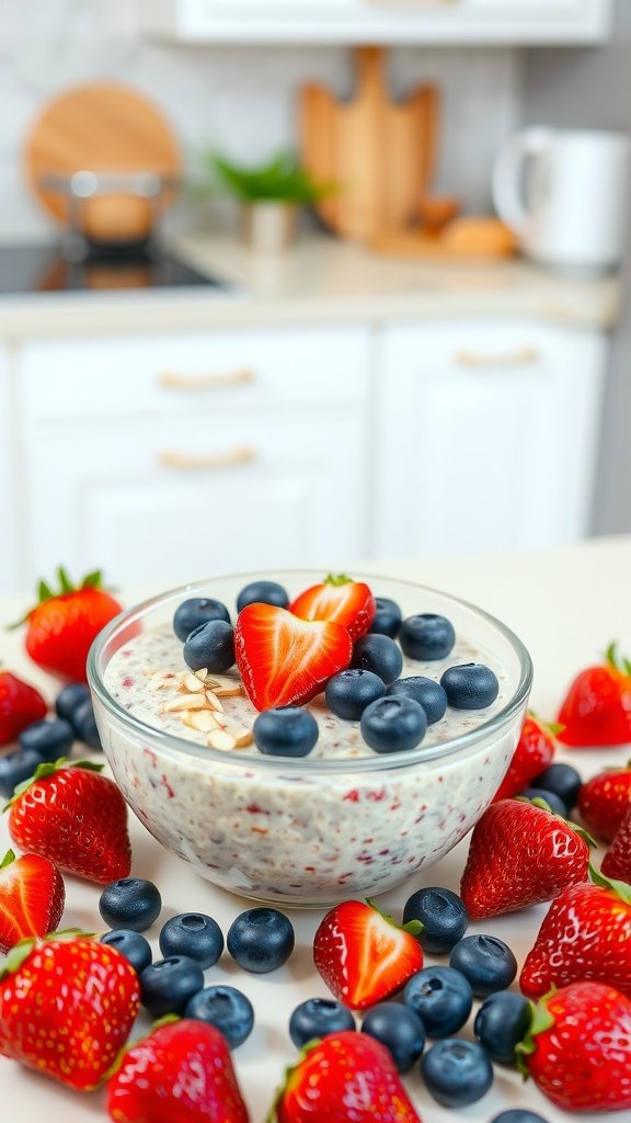 17 Overnight Oats Protein Recipes For A Healthy Breakfast A bowl of berry almond overnight oats topped with fresh strawberries and blueberries