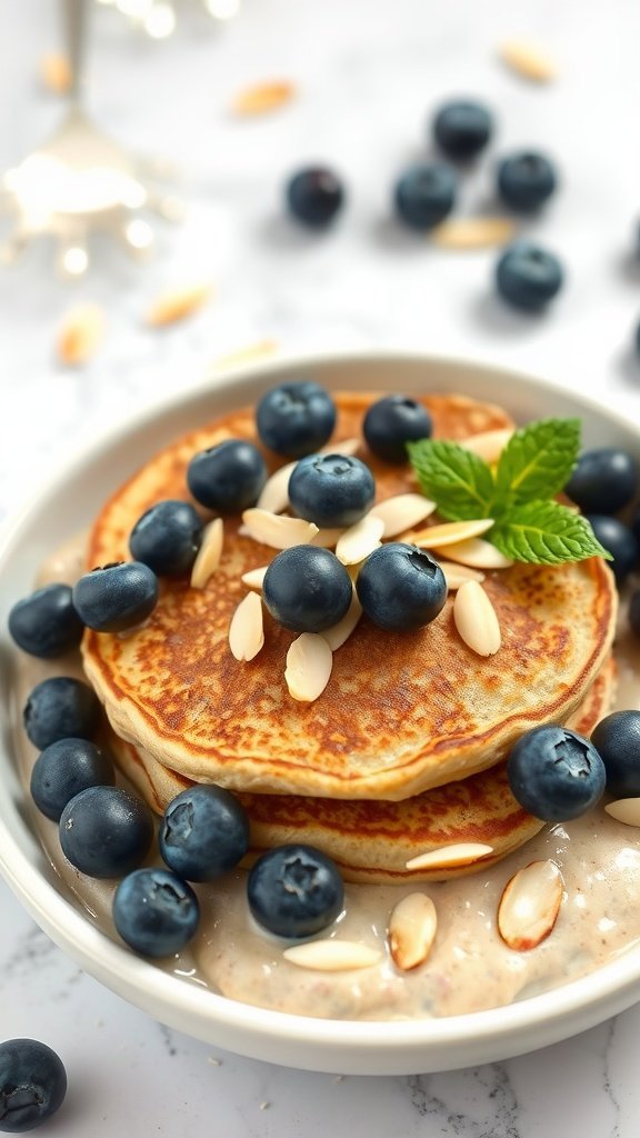 19 Protein Pancake Bowl Recipes A delicious Blueberry Almond Protein Pancake Bowl with pancakes, blueberries, and almonds.