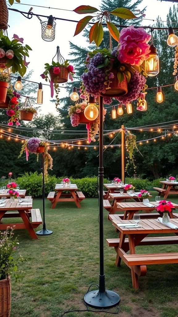 17 Bloom Bar Inspirations For Your Next Event A beautiful garden setup featuring wooden picnic tables, vibrant flowers, and string lights, creating a cozy party atmosphere.