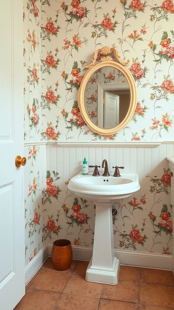 17 Vintage Bathrooms With Timeless Charm A charming vintage bathroom featuring a pedestal sink and floral wallpaper.