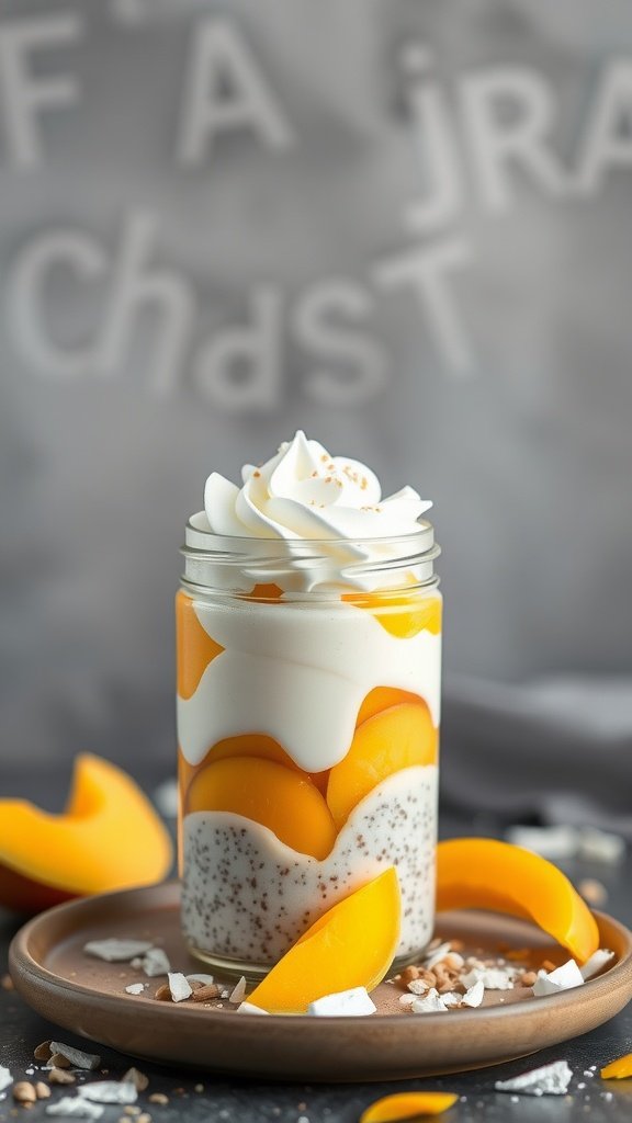 11 Healthy Breakfast Recipe Options A jar of chia pudding layered with coconut and mango, topped with whipped cream and coconut flakes.