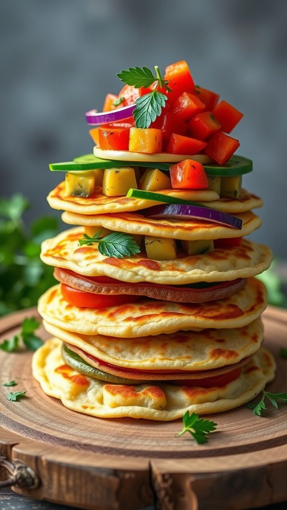 17 High Protein Breakfast Ideas To Kickstart Your Day Chickpea flour pancakes stacked with colorful vegetables