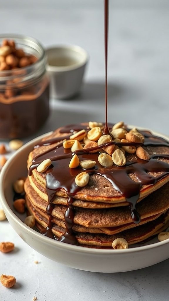 19 Protein Pancake Bowl Recipes Delicious Chocolate Peanut Butter Protein Pancake Bowl with chocolate drizzle and peanuts