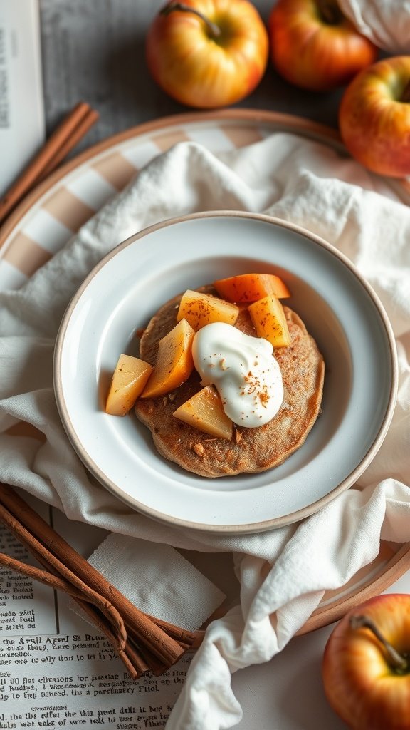 19 Protein Pancake Bowl Recipes A bowl of cinnamon apple protein pancakes topped with apple slices and yogurt.