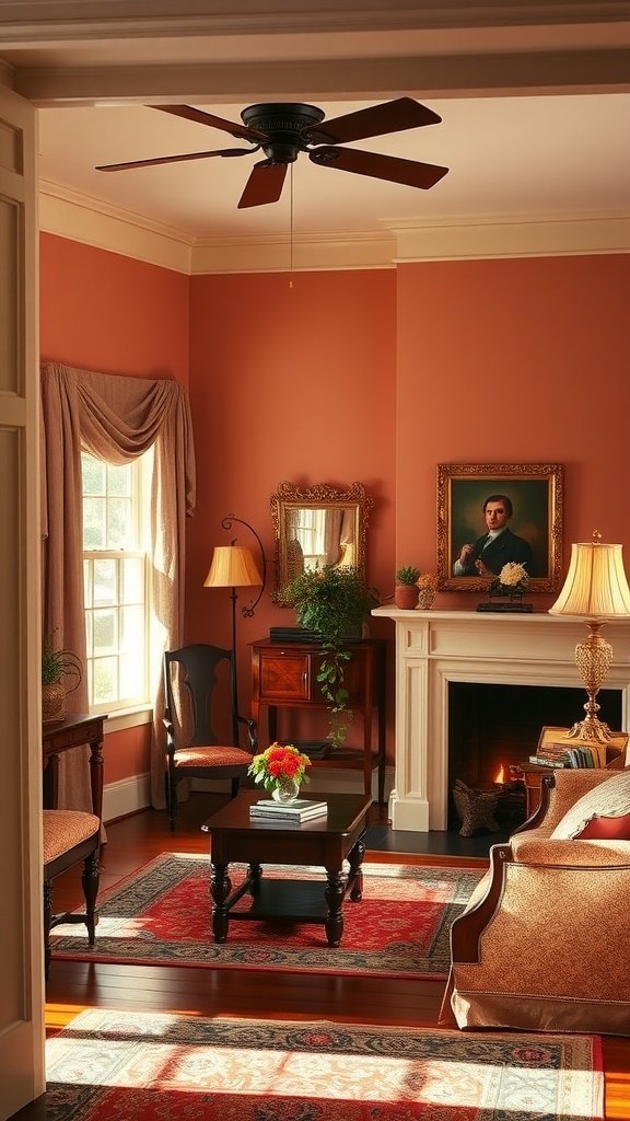 15 American Colonial Interior Ideas For A Timeless Look A cozy living room with a warm color palette, featuring traditional furnishings and a fireplace.