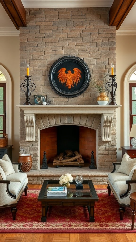 17 Modern French Country Living Room Ideas For Elegant Comfort Classic stone fireplace with decorative elements and cozy seating.