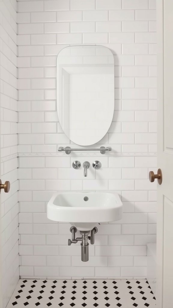 17 Vintage Bathrooms With Timeless Charm A small vintage bathroom with classic white subway tiles and a black and white floor.