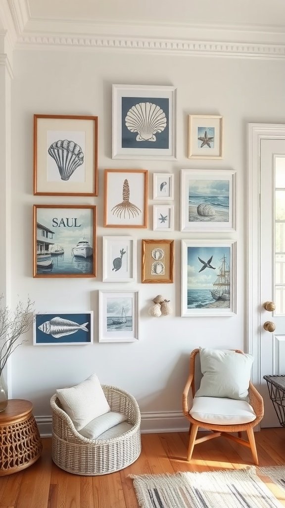 11 Beach House Interior Design Ideas For A Breezy Coastal Vibe A collection of coastal-inspired artwork featuring seashells, marine scenes, and nautical themes on a wall.
