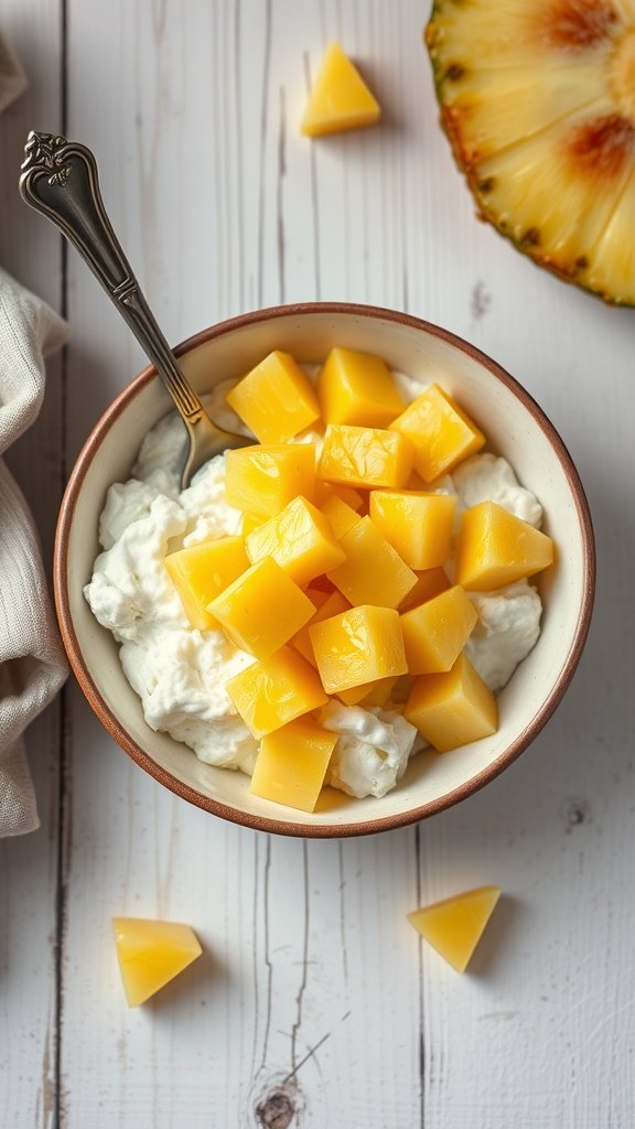 19 High Protein Low Calorie Breakfast Recipes A bowl of cottage cheese topped with diced pineapple, served with a spoon