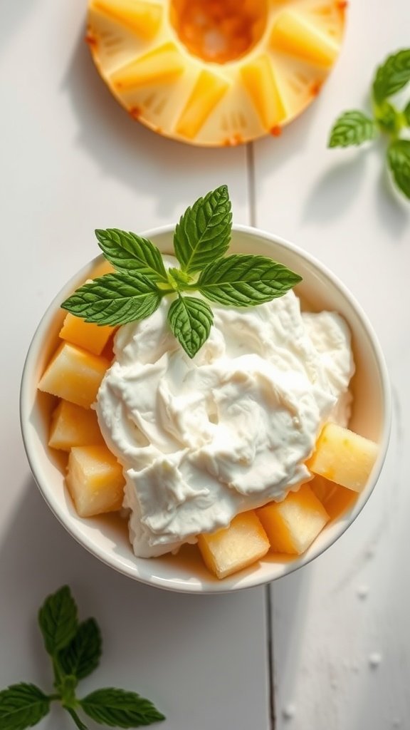 19 Low Calorie High Protein Meals To Keep You On Track Cottage cheese bowl with diced pineapple and mint leaves