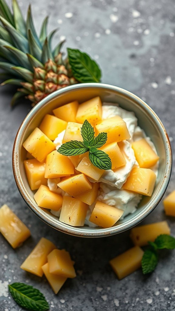 11 Healthy Breakfast Recipe Options A bowl of cottage cheese topped with diced pineapple and mint leaves.