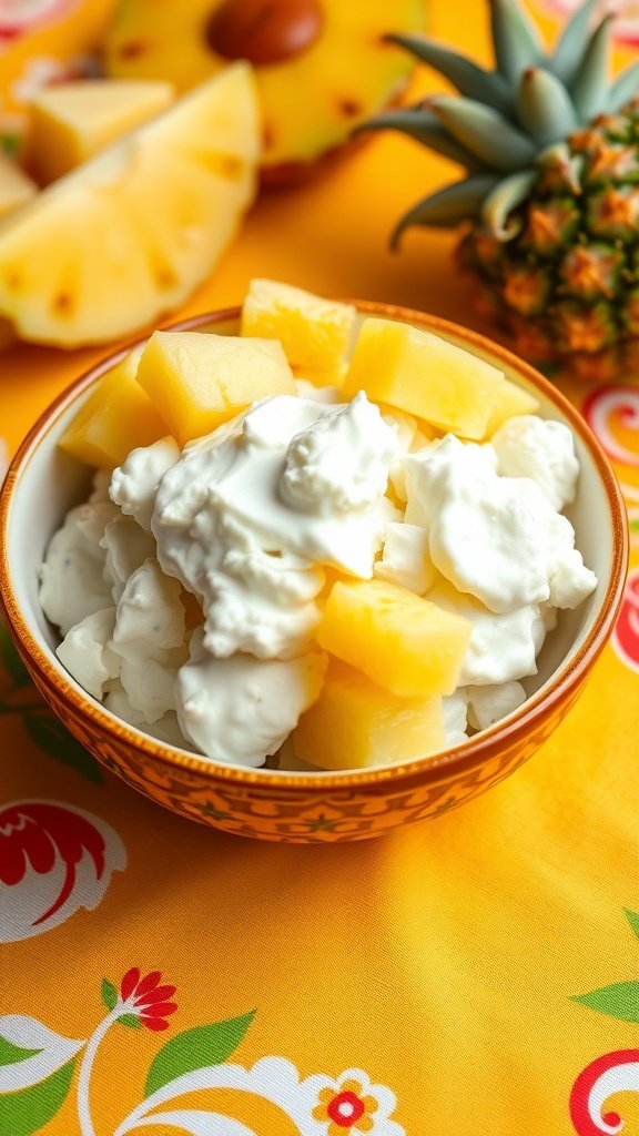 19 High Protein Snacks For Kids To Keep Them Energized A bowl of cottage cheese topped with pineapple chunks