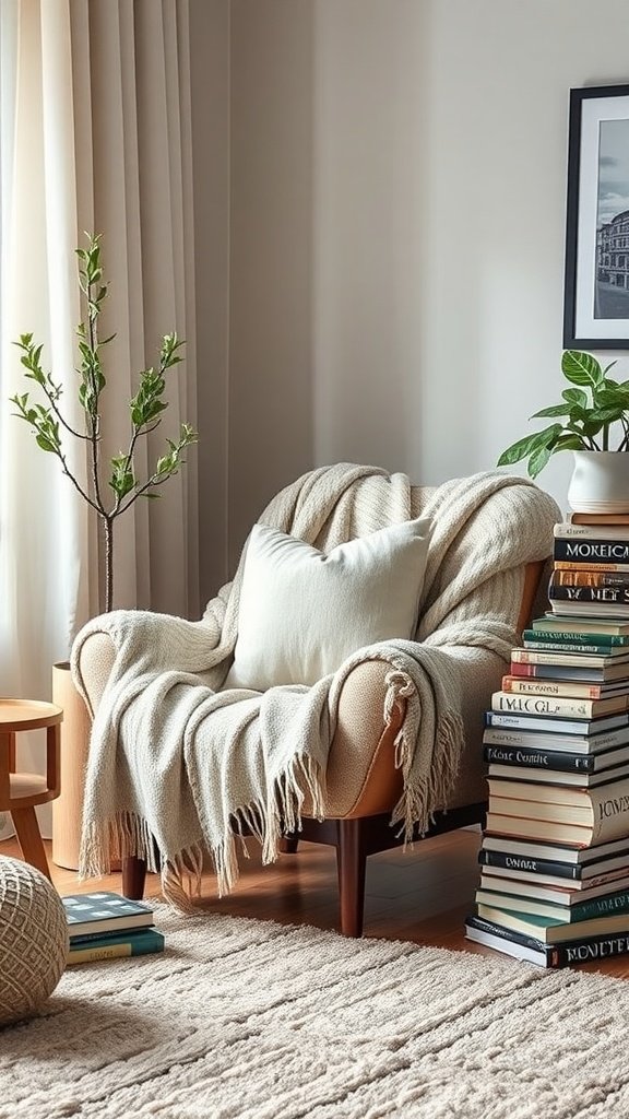 17 Modern French Country Living Room Ideas For Elegant Comfort Cozy living room nook with an armchair, throw, and stacked books.