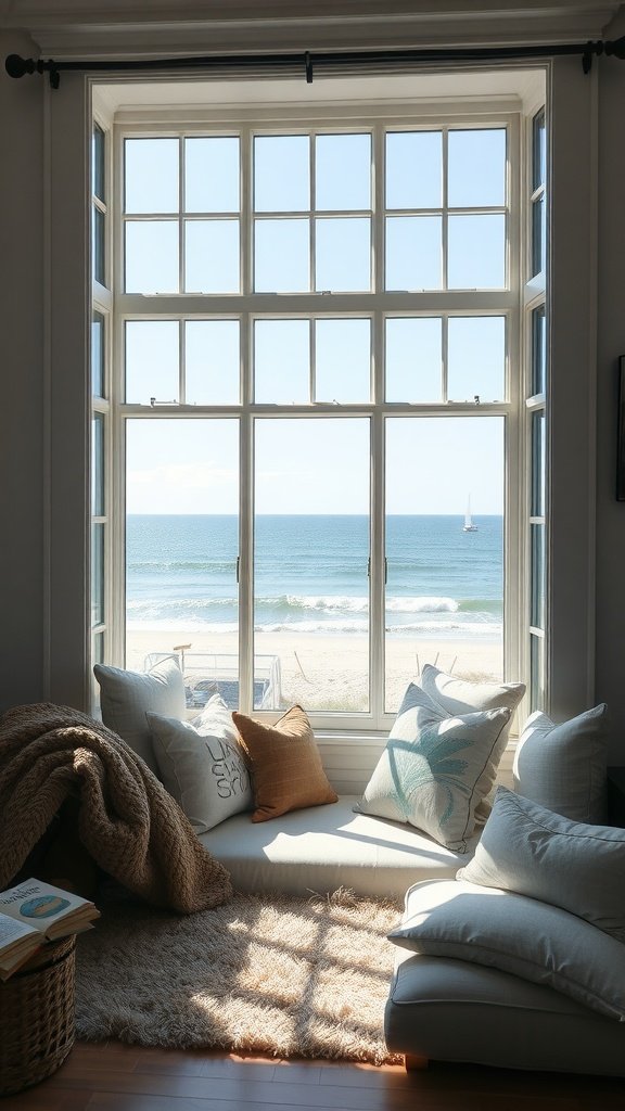 11 Beach House Interior Design Ideas For A Breezy Coastal Vibe Cozy reading nook by a large window overlooking the beach.