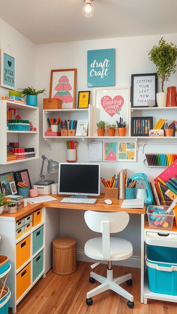 17 Cozy Hobby Room Ideas To Inspire Creativity A cozy craft corner featuring organized supplies, a desk, and colorful storage bins.