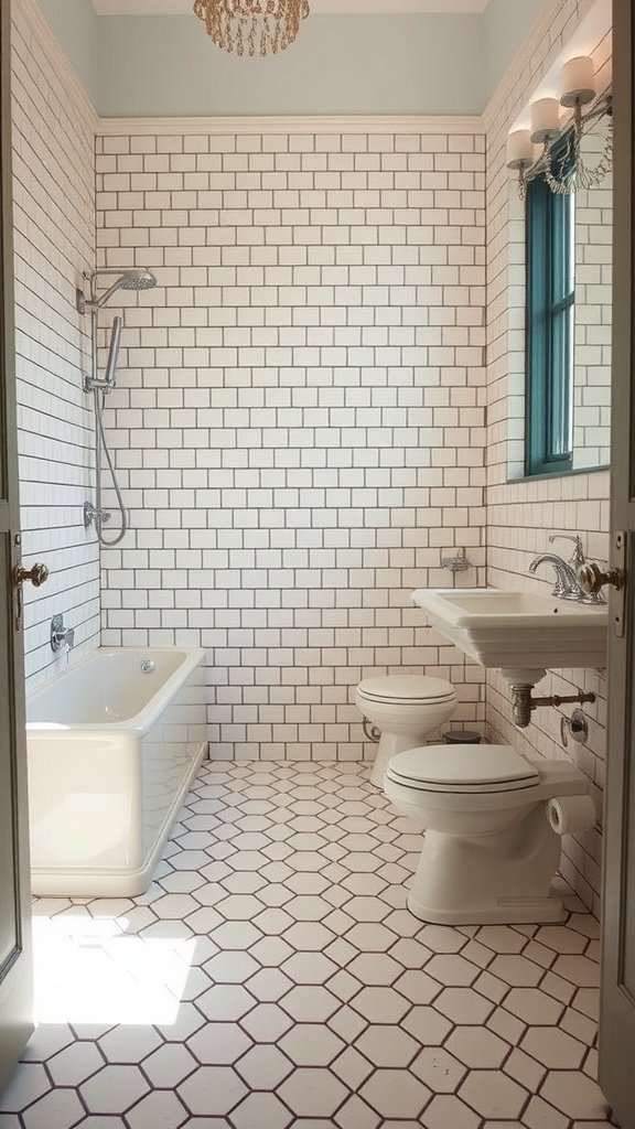 17 Vintage Bathrooms With Timeless Charm A vintage bathroom featuring hexagonal tile flooring, white subway tiles on the walls, and classic bathroom fixtures.