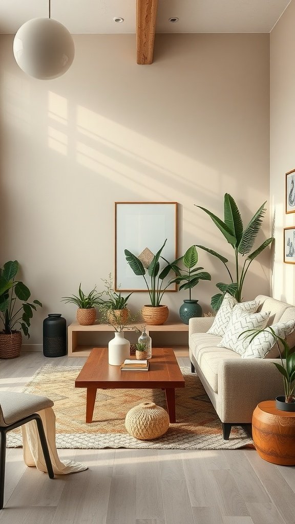 17 Modern French Country Living Room Ideas For Elegant Comfort A modern French country living room featuring earthy tones and green plants.