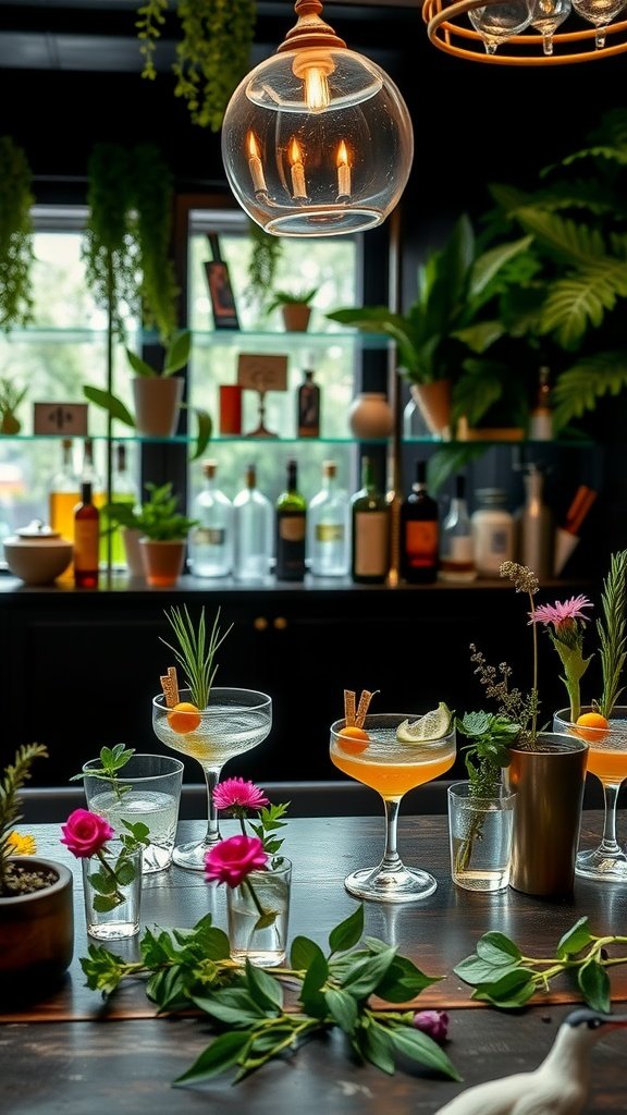 17 Bloom Bar Inspirations For Your Next Event A beautifully arranged cocktail bar with colorful drinks, fresh flowers, and greenery.