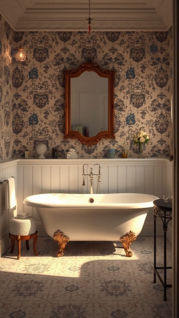 17 Vintage Bathrooms With Timeless Charm A vintage bathroom featuring a clawfoot tub, ornate mirror, and floral wallpaper.