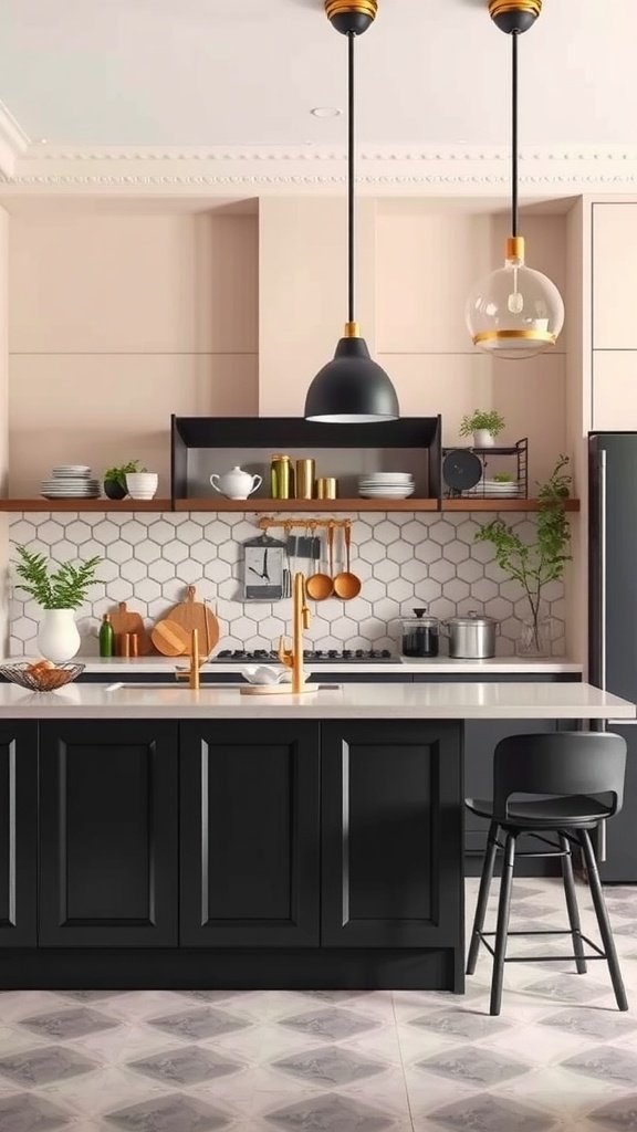 17 Kitchen Inspiration Design Ideas For A Dreamy Remodel A modern kitchen featuring soft pink walls, black cabinetry, and stylish pendant lights.