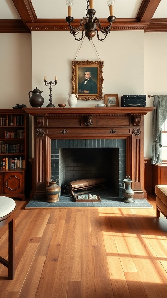 15 American Colonial Interior Ideas For A Timeless Look A beautifully styled American Colonial fireplace with wooden mantel, artistic decor, and warm lighting.