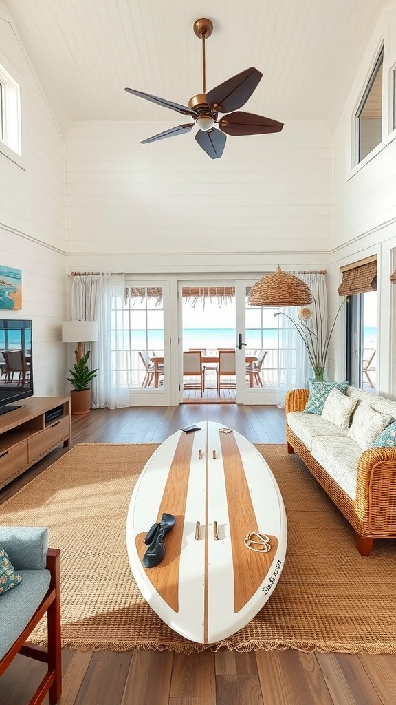 11 Beach House Interior Design Ideas For A Breezy Coastal Vibe A cozy beach house interior featuring a surfboard coffee table, wicker furniture, and a bright airy atmosphere.