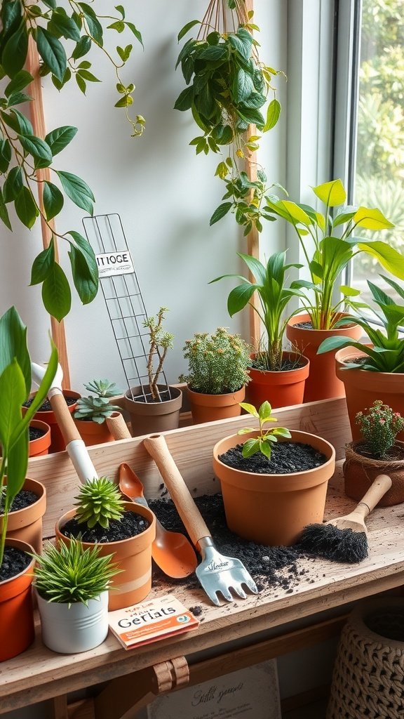 17 Cozy Hobby Room Ideas To Inspire Creativity A cozy gardening station with various indoor plants and gardening tools arranged on a table.