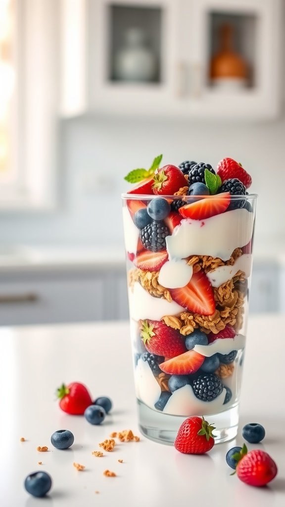 17 High Protein Breakfast Ideas To Kickstart Your Day A delicious Greek yogurt parfait layered with fresh berries and granola.
