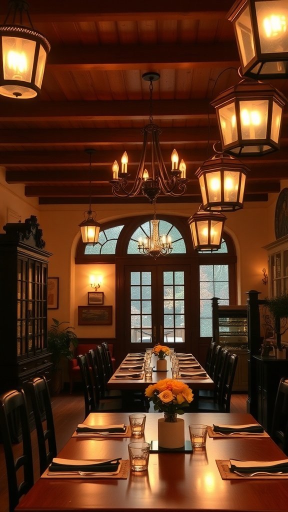 15 American Colonial Interior Ideas For A Timeless Look A dining room featuring various heritage lighting fixtures including lanterns and chandeliers.