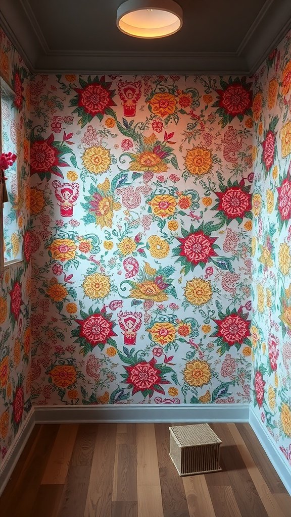 17 Rental Home Decorating Ideas For A Stylish Space A brightly colored removable wallpaper featuring floral patterns in a room.