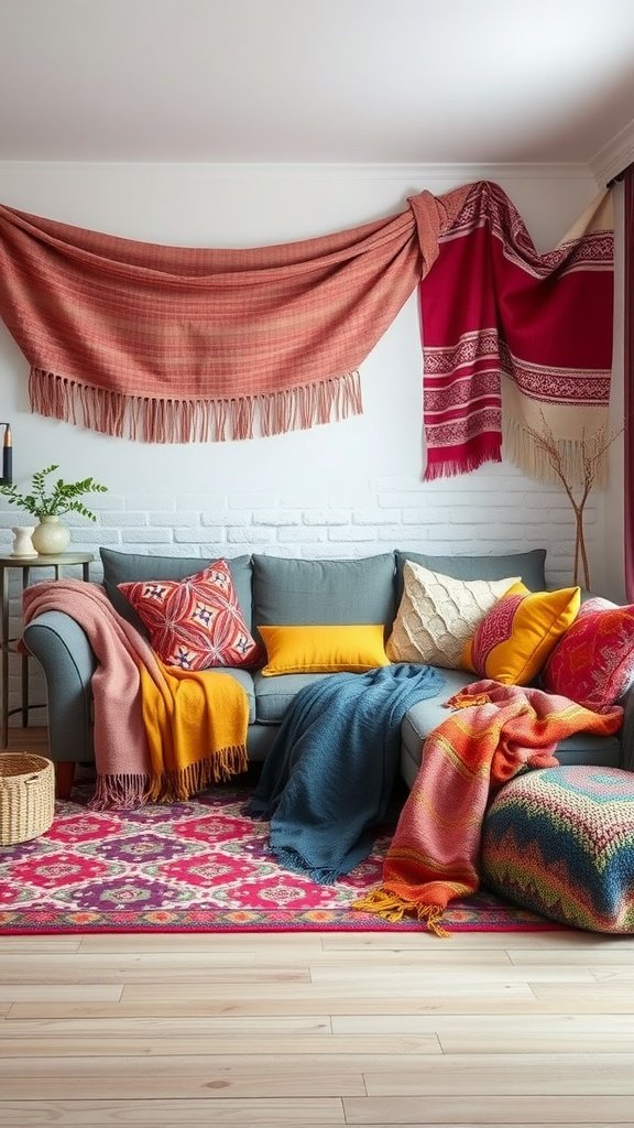 17 Rental Home Decorating Ideas For A Stylish Space A cozy living room with layered textiles including blankets, pillows, and wall hangings.
