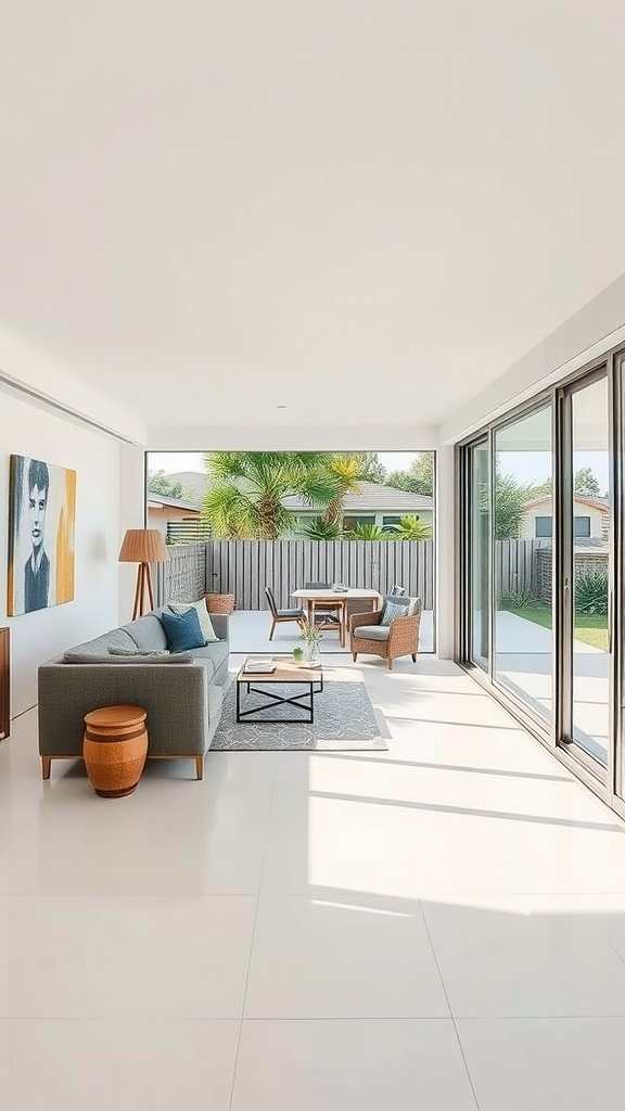 11 Beach House Interior Design Ideas For A Breezy Coastal Vibe Modern living room with large glass doors leading to an outdoor space, featuring minimalistic furniture and bright lighting.
