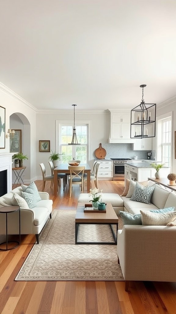 17 Modern French Country Living Room Ideas For Elegant Comfort A modern French country style living room with an open-concept layout, featuring light colors, wooden floors, and comfortable seating.