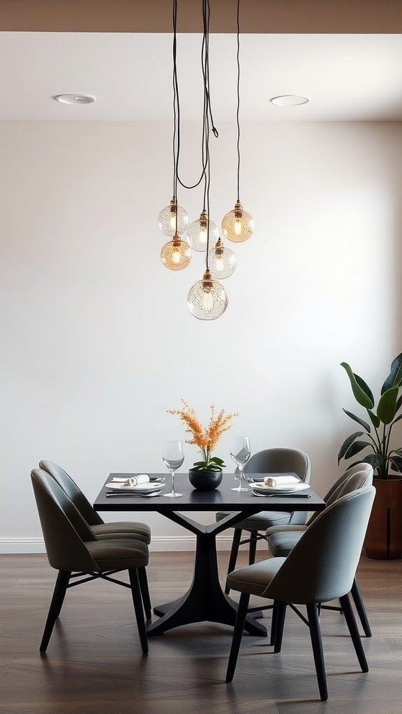 17 Rental Home Decorating Ideas For A Stylish Space A stylish dining area featuring a cluster of pendant lights above a table with chairs and a plant.