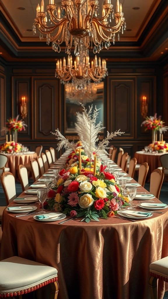 17 Bloom Bar Inspirations For Your Next Event A beautifully arranged table with luxurious floral centerpieces, featuring various colorful flowers and elegant table settings.