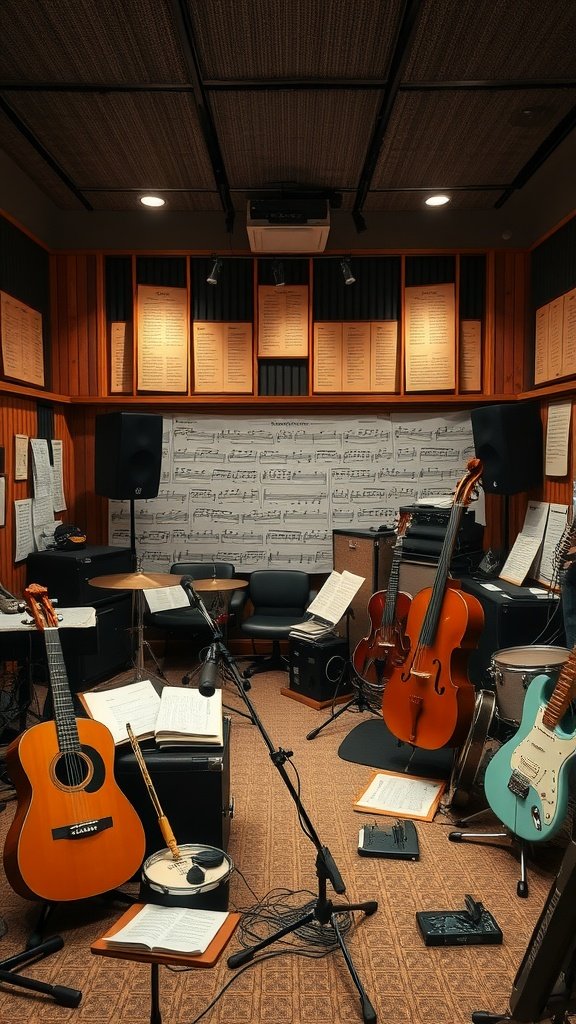17 Cozy Hobby Room Ideas To Inspire Creativity A cozy music room filled with various musical instruments and sheet music.