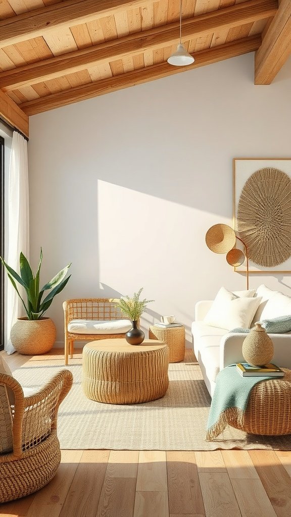 11 Beach House Interior Design Ideas For A Breezy Coastal Vibe Cozy beach house interior featuring natural materials and textures, with wooden beams, rattan furniture, and soft textiles.