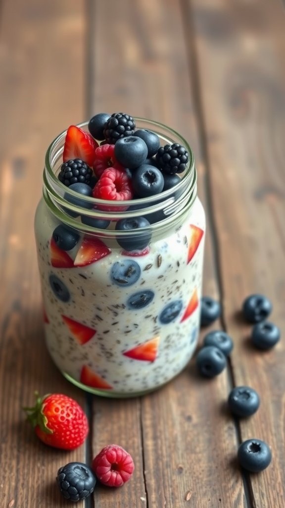 11 Heathy Breakfast Meal Prep Recipes A jar of overnight oats topped with fresh berries and chia seeds.